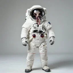 extremely detailed studio portrait of space astronaut, alien tentacle protruding from eyes and mouth, slimy tentacle breaking through helmet visor, shattered visor, full body, soft light, plain studio background, disturbing, shocking realization, award winning photo by philippe halsman