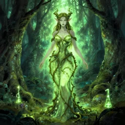 junoesque curvaceous fey queen, vine dress, glowing forest, strong line, eerie color, beautiful! coherent! by brian froud, by mariusz lewandowski