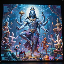 shiva dancing in a futuristic holographic displays in the style of peter mohrbacher, wayne barlowe, gustav moreau, bussiere, roberto ferri, santiago caruso, luis ricardo falero, austin osman spare,