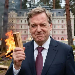viktor orban burning down a forest, holding a wood piece, highly detailed winking face, film still of the grand budapest hotel