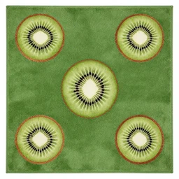 3 5 mm photo of green persian rug texture with huge kiwi fruits ornaments, hd pile, top view, symmetrical, beautiful, square