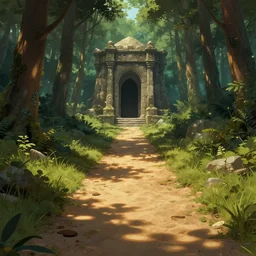 sandy path leads to a dungeon in a forest, Artstation