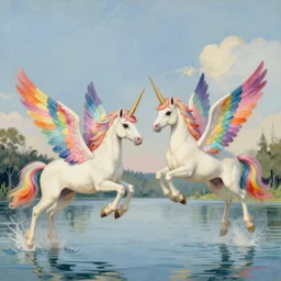 Two Alicorns iwth rainbow wings flying over a lake, artwork by Henri Rousseau