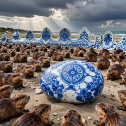 blue and white collarstone found on a porcelain beach full of beaver clones