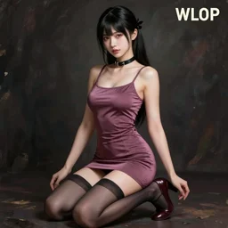 Succubus in tight short dress, stockings, heels, dog collar and ponytail portrait, by artgerm, WLOP