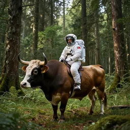 american astronaut in the forest riding a bull, objects well lit, plants environment, wide angle, cinematic lighting, atmospheric, realistic, octane render, highly detailed, color graded, in the style of craig mullins