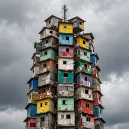 close - up view of a tower made up of colourful makeshift squatter shacks, bleached colours, moody cloudy sky, dystopia, mamiya, f 1 1, very detailed, photographed by bruno barbey