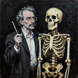 Gritty splattered punk painting of the anatomy of a mad scientist & skeleton, painted by Basquiat. Dark background. Black background. award winning painting. Trending on artstation and behance.