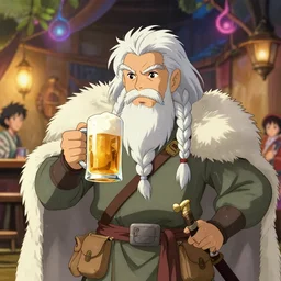 a dwarf warrior with long white hair, white braided beard, holding a mug of beer, a lot of pockets, fur cape, tavern background, magical, bright, colorful, fantastic lighting, amazing details, 4 k uhd, illustration by hayao miyazaki and makoto shinkai and ilya kuvshinov, artstation, pixiv,