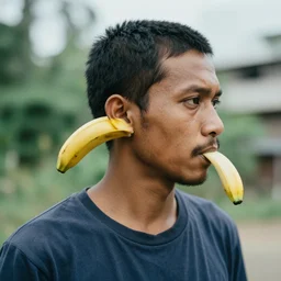 a man with a banana sticking out of his ear, photography