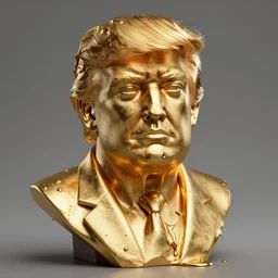 a melting gold bust of Donald Trump making arrogant face, drips of golden paint falling from the statue like molten metal unreal engine w-1280
