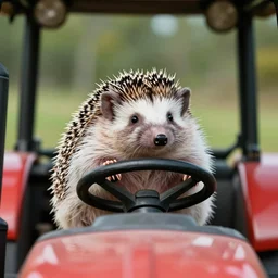 a hedgehog in a tractor with paws at a steering wheel