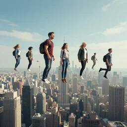 people in the city levitating in the sky, science fiction