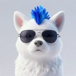 Portrait of a White Woof with a blue mohawk wearing sunglasses in vaporwave style