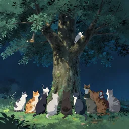multiple cats behind a beautiful tree, night setting. realistic shaded lighting poster by ilya kuvshinov katsuhiro, magali villeneuve, artgerm, jeremy lipkin and michael garmash, rob rey and kentaro miura style, trending on art station