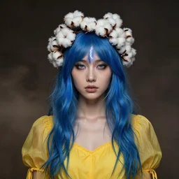 goddess with blue hair, yellow dress, crown of cotton!!!! flowers, beautiful symmetrical face!!!, cinematic lightning, murky dusty deep, smoky eyes, isolated, studio lighting, artgerm, yuri shwedoff, tom bagshaw
