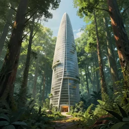 a beautiful photorealistic illustration of nature tower by pierre de meuron, matte painting anime forest thermal vision, archdaily, wallpaper, highly detailed, trending on artstation.