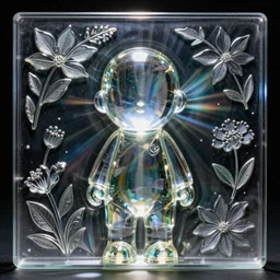 portrait of Uwu the shining glass figurine in empty space, embossed panel with leaves and flowers, carefully crafted, refracting light, caustics, light rays beaming through, epic 8k, Zeiss 75mm