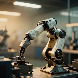 a 3 5 mm photo of a robot in a factory, bokeh, canon 5 0 mm, cinematic lighting, film, photography, golden hour, depth of field, award - winning