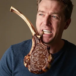 man with whole tomahawk steak stuck between his teeth stock photo