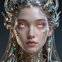 Stoic nano punk woman_integrating_with_technology_full_face_insipiring_detailed_intricate_ornate_cables_connected_to_head_big_open_electric_eyes_ the_singulairty is now by Hironaka, Harumi