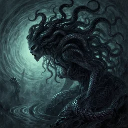 side profile, medusa, evil monstrous creature, gloomhaven, haunting, snake hair, shadowy swirly ripples, inky nightmare colors, by greg manchess, huang guangjian, gil elvgren, sachin teng, greg rutkowski, jesper ejsing, ilya kuvshinov