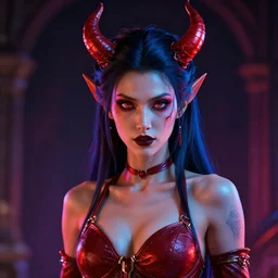 photorealistic devil woman. hyperdetailed photorealism, 1 0 8 megapixels, amazing depth, high resolution, 3 d shading, 3 d finalrender, 3 d cinematic lighting, glowing rich colors, psychedelic overtones, artstation concept art.