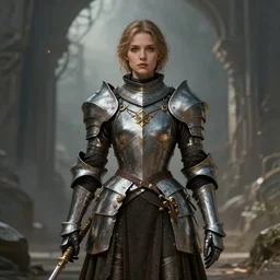 A female knight in a setting of Medieval Futurism, Retrofuturism, medieval, science fiction by JeeHyung lee, Anna Nikonova aka Newmilky, artstation