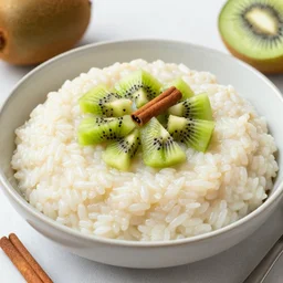 photo of rice pudding with diced kiwis and cinnamon, digital photography, high definition, sharp