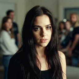 film still of a beautiful young woman who looks like a bjork, random background scene