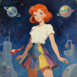 a retro sci go art painting of a space girl in a skirt