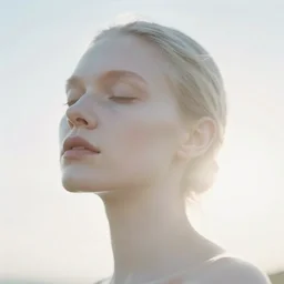 bright sunset, overexposed, out of focus photorealistic portrait of a beautiful aesthetic pale woman by saul leiter, backlit, against a bright white sky, very blurry, translucent white skin, closed eyes, bokeh