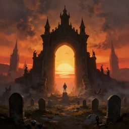 souls graveyard backlight giant portal to hell sunset panorama by  frazetta