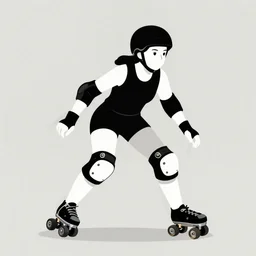 roller derby girl doing Cross-Over, wearing skate helmet, knee pads, elbow pads, portrait, My stomach hurts, does your stomach hurt? Do our stomachs hurt together? I feel pain, do you feel pain? Will this pain last forever?, illustration minimalist, flat colour