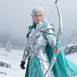 an epic concept art of a handsome androgynous male snow elf with a bow in a turquoise cape and silver armour, albino skin, winter vibes, elegant, very coherent symmetrical artwork, by tomasz alen kopera and alphonse mucha, photorealistic, sharp focus, octane render, rtx, hdr, unreal 5, trending on artstation