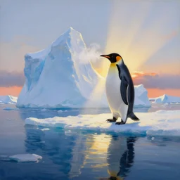 the most beautiful panoramic landscape, oil painting, where a giant iceberg is lost in the frozen artic ocean, a giant penguin is exhaling steam while walking over the iceberg, the frozen artic ocean is reflecting the giant penguin and the ray lights of the sunset are brightening him, by greg rutkowski