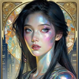 holographic cyberpunk woman in a city, high detail, curious eyes, blended shading, in the style of alphonse mucha and ruan jia and ross tran, artstation, half body face portrait