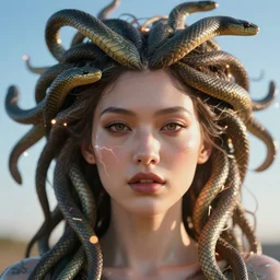 a cyberpunk extreme close up portrait of cyborg medusa, electricity, snakes in hair, sparks, bokeh, soft focus, skin tones, warm, sky blue, sunny sky, by paul lehr, jesper ejsing