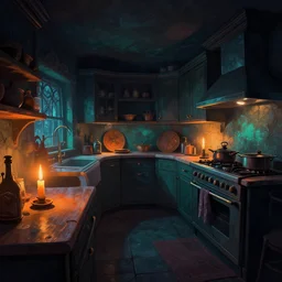 curved perspective digital art of a dark kitchen no lights one candle from Tim Burtons Nightmare Before Christmas by Petros Afshar, teal and orange