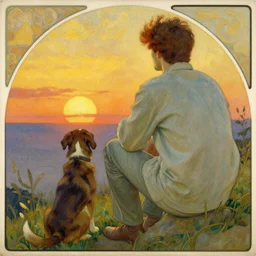a beautiful painting of a man watching the sunset with his dog in the style of alphonse mucha, photorealistic