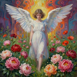 a beautiful meadow with peonies and poppies, in the center stands the figure of a girl with the wings of an angel, blurred, grotesque, doomed, neural acrylic paint, high resolution, gouache on canvas, ultra detailed, vibrant colors, grotesque, wrapped thermal background, slimey, art by francis bacon, beksinski painting