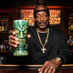 snoop dogg at trader vic's bar holding a tiki mug with his face on it n - 9