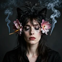 photographic portrait max ernst sad woman cat flower feathers face, spiraling cigarette smoke, editorial