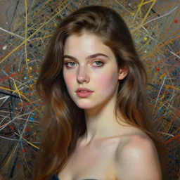 painting of a gorgeous young woman in the style of Guy Denning, realistic, sharp focus, 8k high definition, insanely detailed, intricate, elegant, art by Jackson Pollock