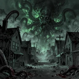 detailed ultra - realistic graphic novel illustration of lovecraft horror desolate port district, insmouth town street perspective view, inspired by famous fantasy illustrators, fog, blood, tentacles, evil fluid, darkness night, terrific, green, black colors