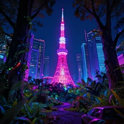 reclaimed by nature by noah bradley, neon noir at night cyberpunk tron hyperrealism reclaimed by nature retrowave tokyo anime uv light, archdaily, wallpaper, highly detailed, trending on artstation.