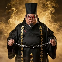dressed in black robes and high hats, robes with golden characters, fat, fierce - looking, devilish, eyes, big red eyes, shackles in his hands, surrounded by this fine golden smoke akihiko yoshida