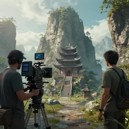artstation scifi scene of mountain, small chinese temple, make a film ， camera, director, actor, lighting props, dangweiya unreal engine 5, hyper realism, realistic shading, cinematic composition, blender render, octane render, hdr, detailed textures, photorealistic