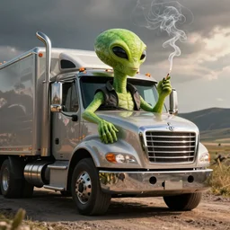 Green alien dressed as a trucker smoking a cigarette