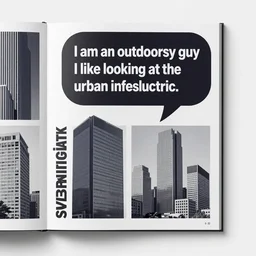 super slick modern graphic book panel with dark speech bubbles, avant-garde font and graphics, matte finish, glossy finish, speech bubble saying I am an outdoorsy guy I like looking at the exteriors of urban infrastructure. - W 768 n 6